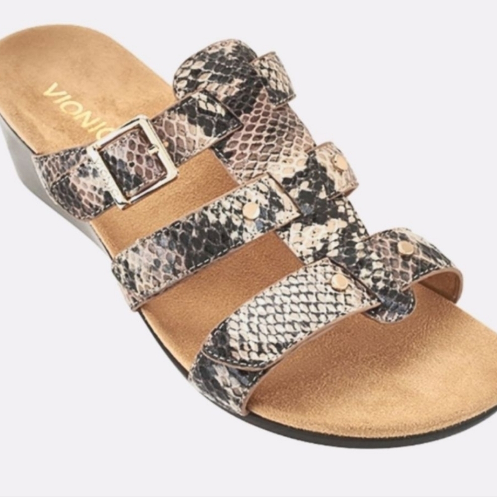VIONIC | EUC Radia Snakeskin Adjustable Straps Leather Wedge Sandals Size 8